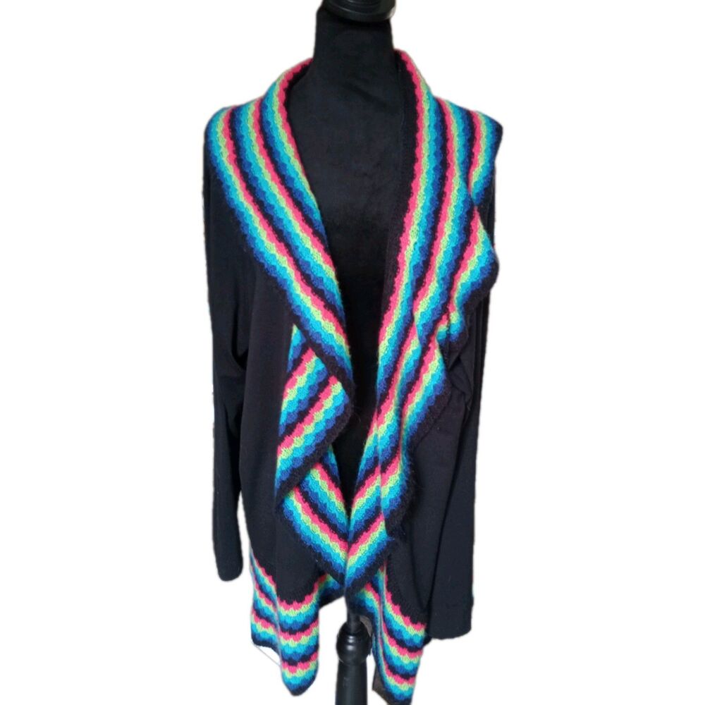 Westbound Woman 3X Black Open Front Cardigan  With Multicolor Knitted Trim